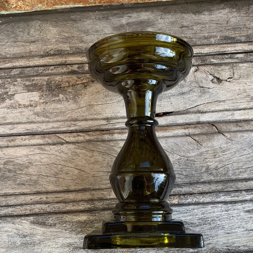 Vintage Smoky Green Glass Pedestal Candle Holder - Picture 9 of 11